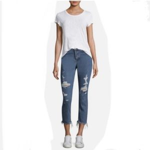 Hudson Riley Luxe Crop Relaxed Straight Raw Hem Button Fly Distressed Jeans 32